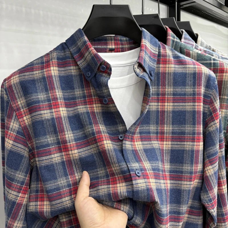 Lapel cotton plaid pattern long sleeve shirt - Antonios