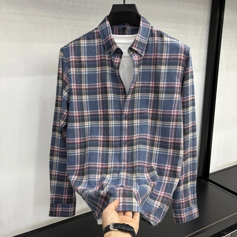 Lapel cotton plaid pattern long sleeve shirt - Antonios