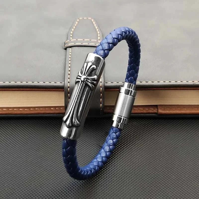 Leather bracelet with stainless steel cross - Antonios