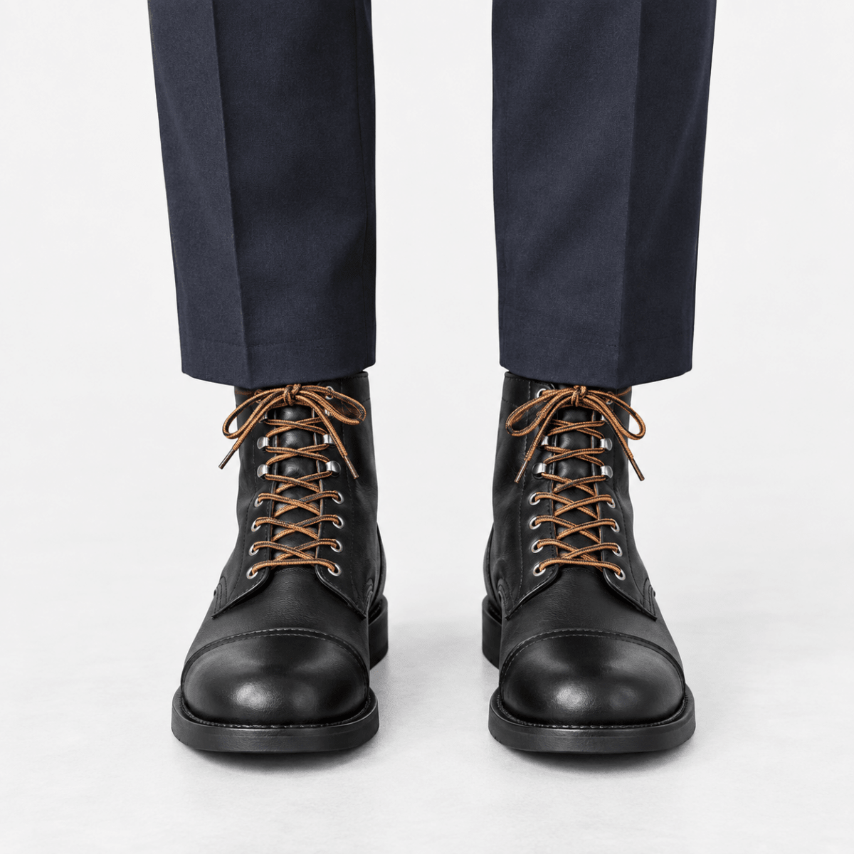 Leather cap toe lace up boots - AntoniosClothing - Black
