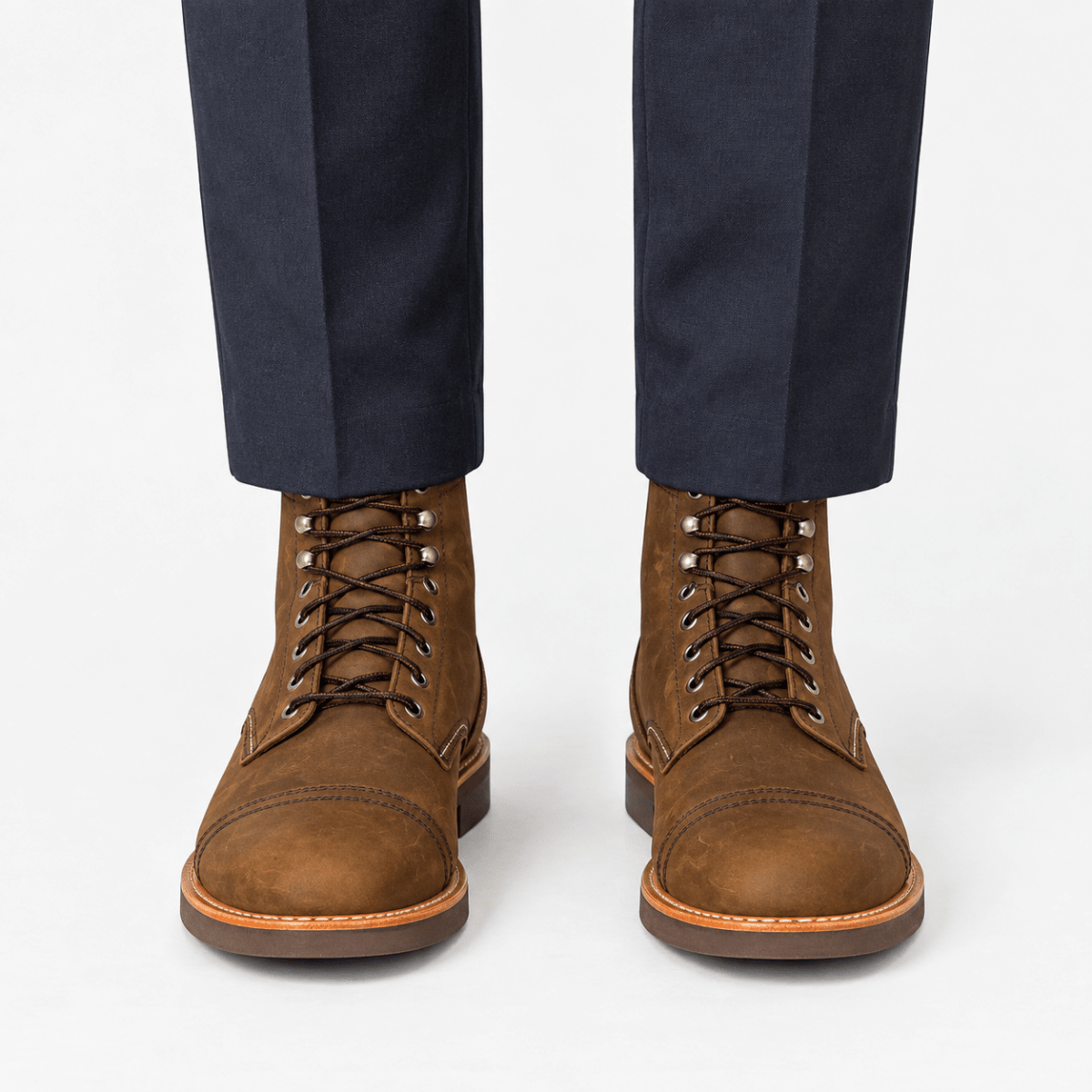 Leather cap toe lace up boots - AntoniosClothing - Brown