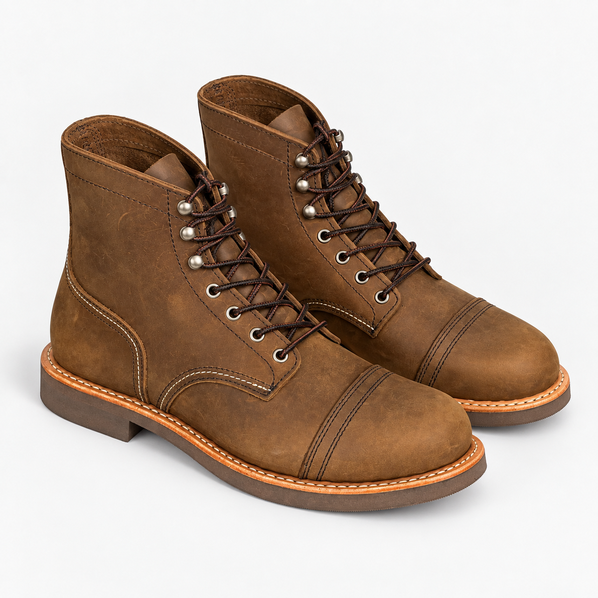 Leather cap toe lace up boots in brown, product cover