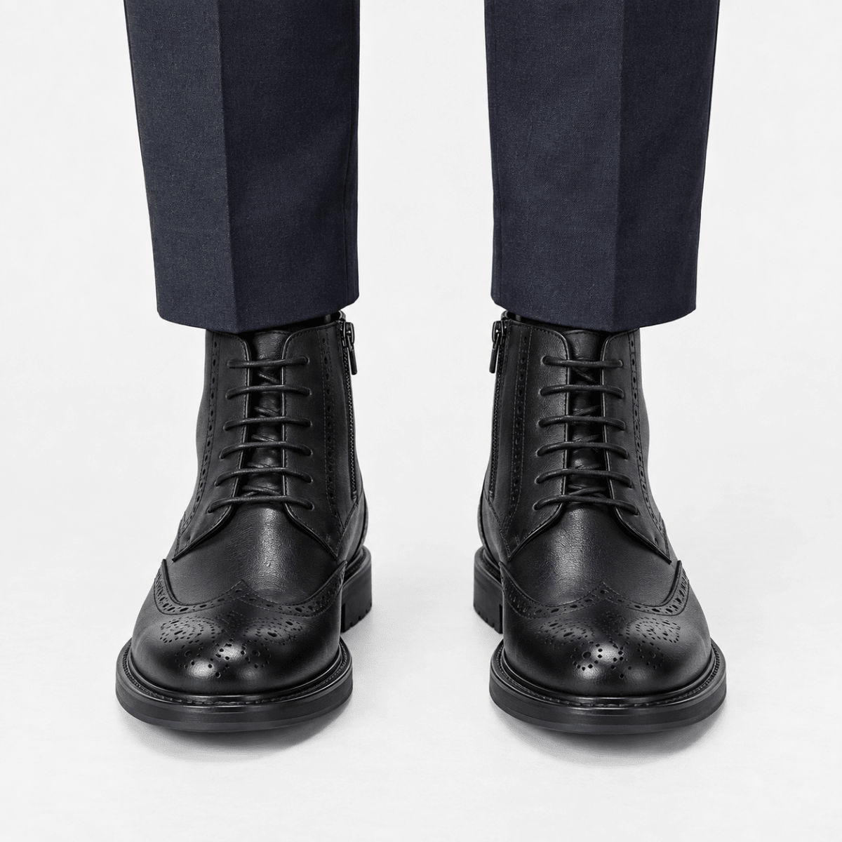 Leather wingtip boots with side zips - AntoniosClothing - Black
