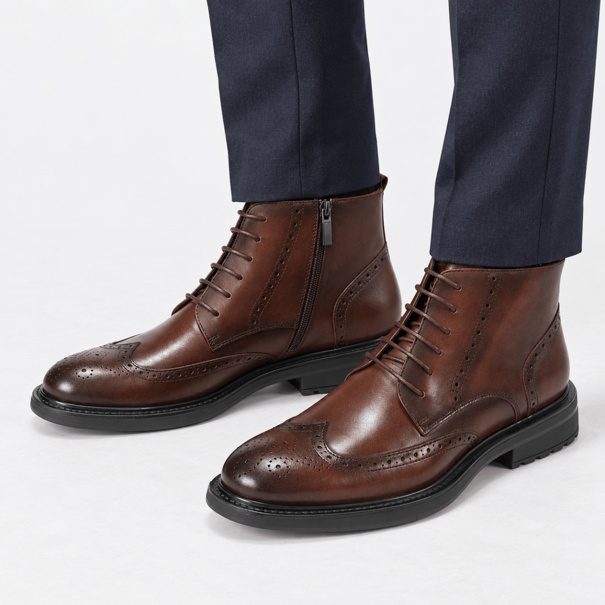 Leather wingtip boots with side zips - AntoniosClothing - Coffee