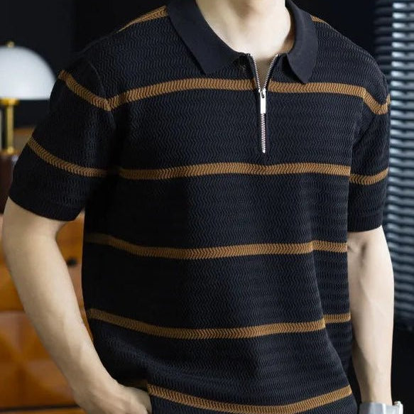 Leo striped casual polo t-shirt with zipper - Antonios