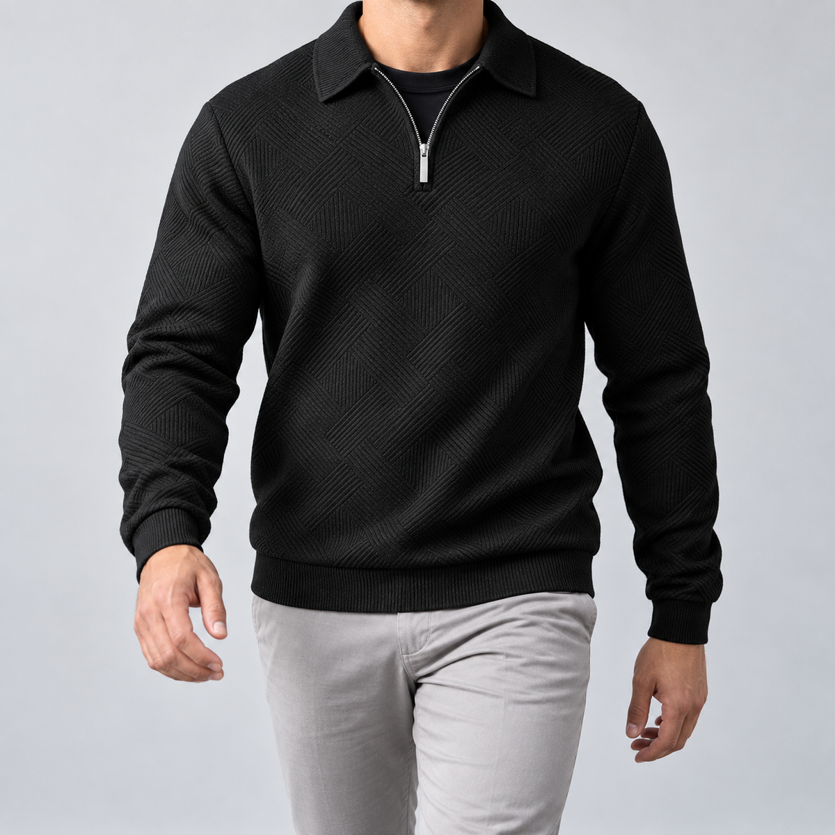 Leo zip sweater in black, front view on a model