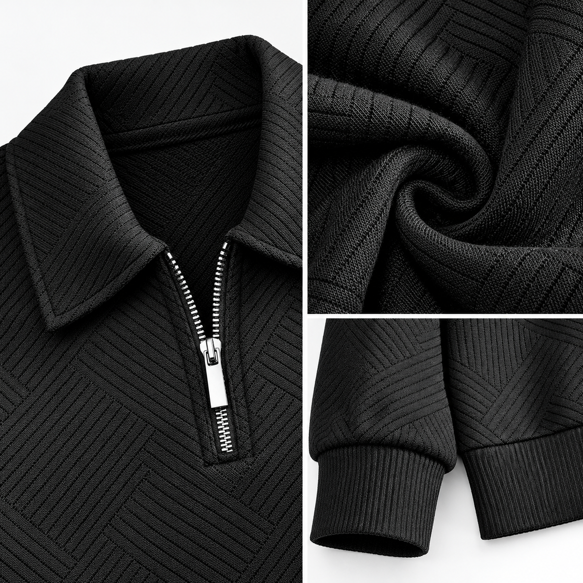 Leo zip sweater in black, three-area detail collage