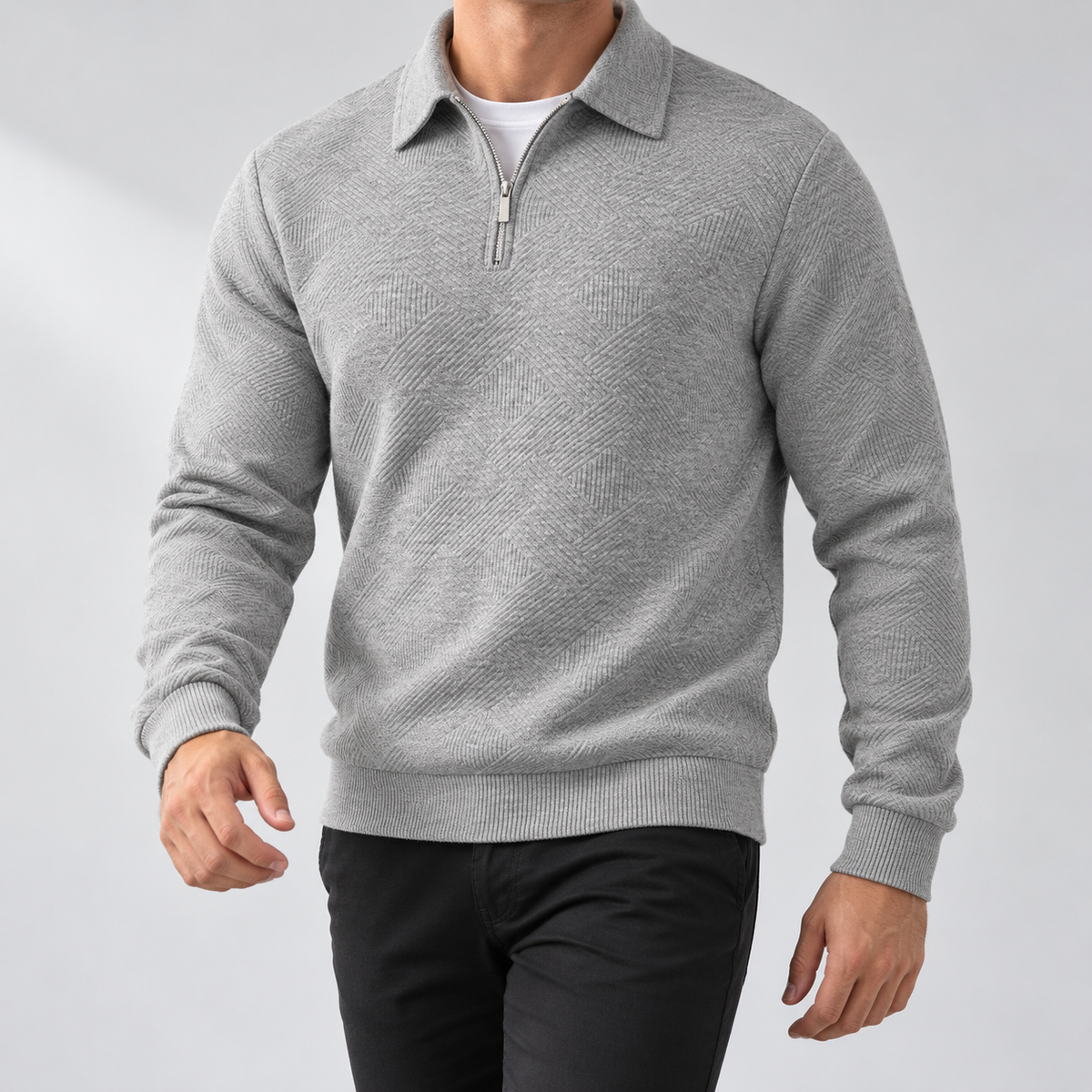Leo zip sweater in gray, front view on a model
