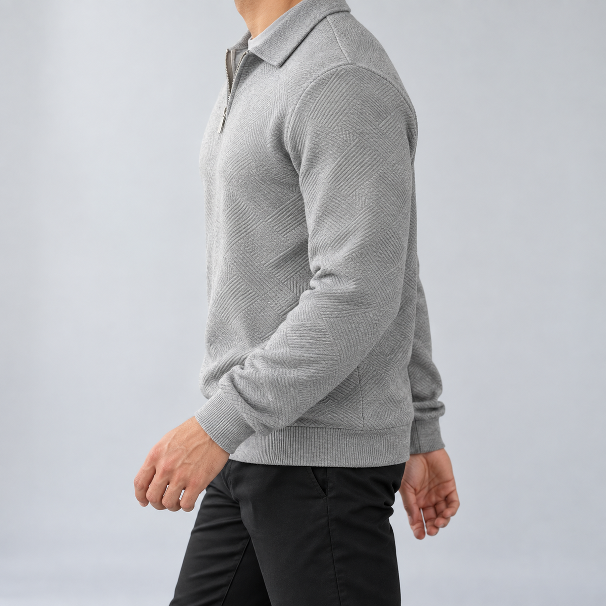 Leo zip sweater in gray, side view on a model