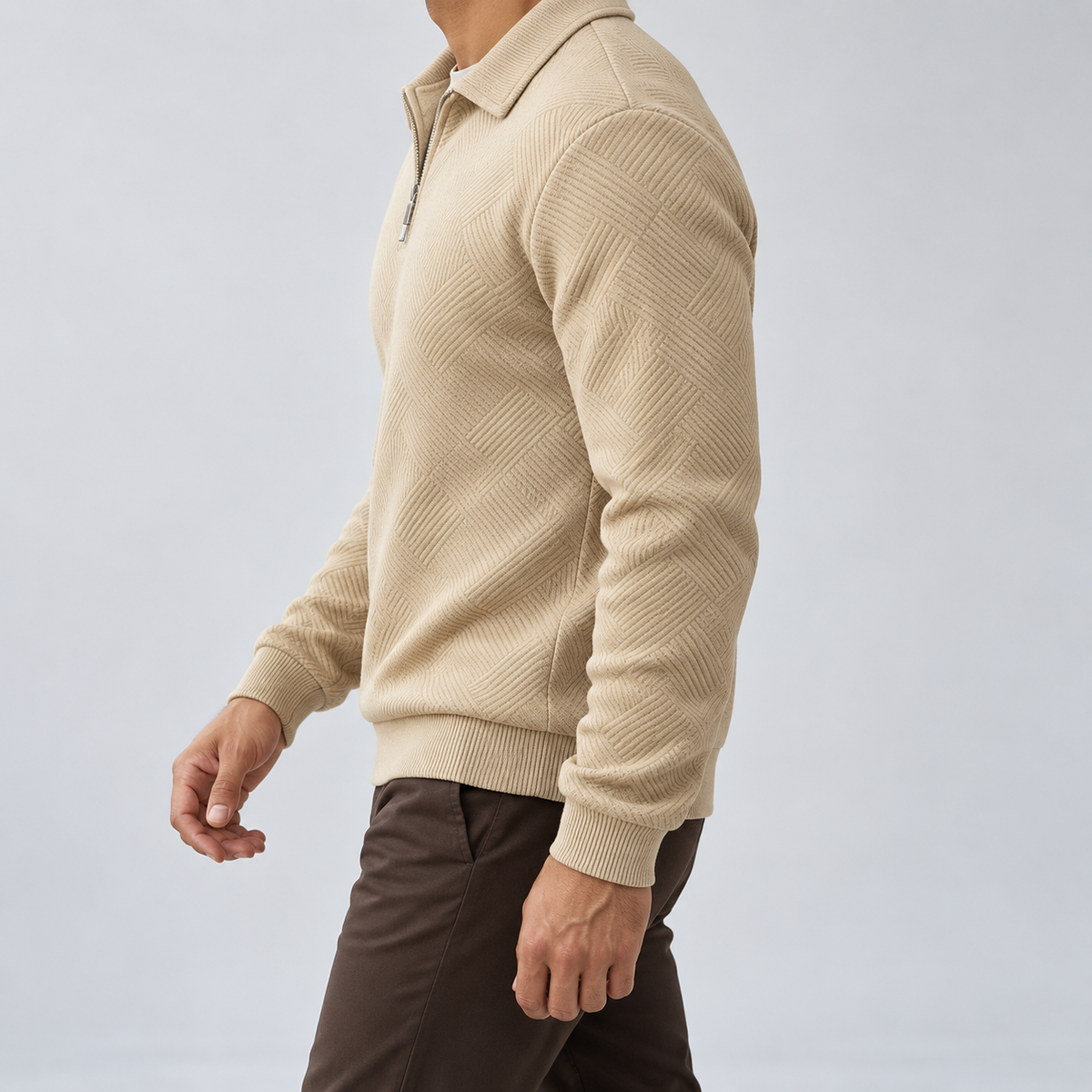 Leo zip sweater in khaki, side view on a model
