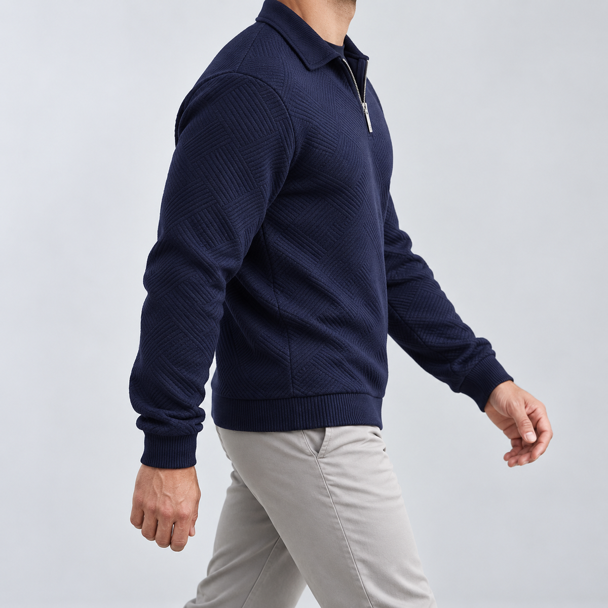 Leo zip sweater in navy blue, side view on a model