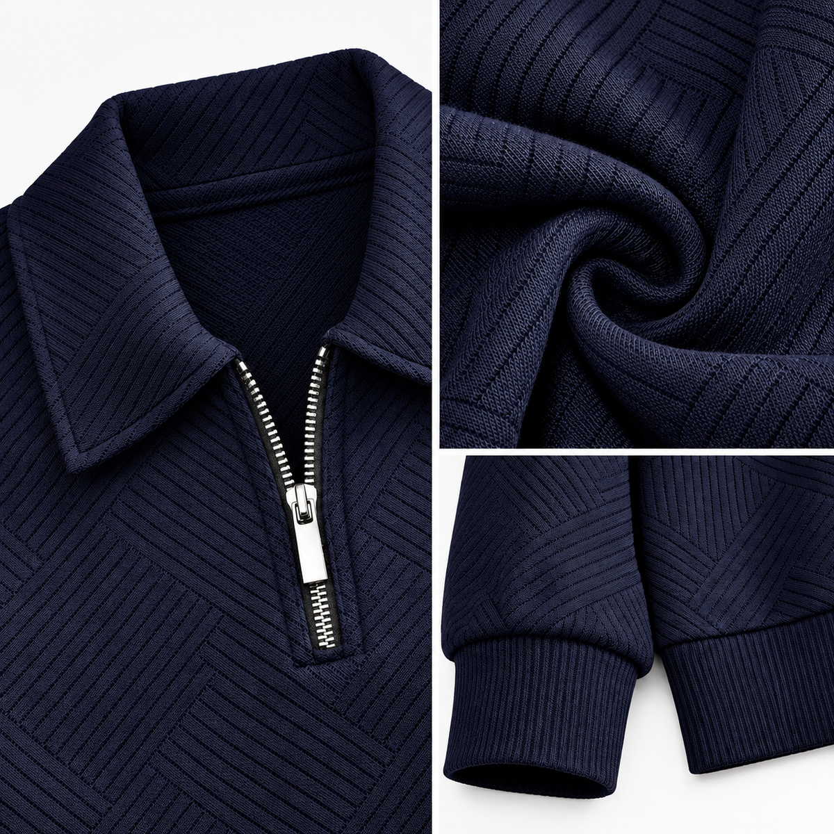Leo zip sweater in navy blue, three-area detail collage