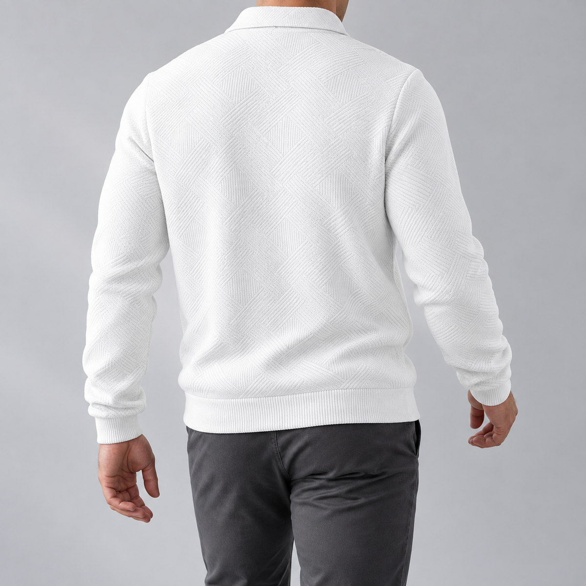 Leo zip sweater in white, back view on a model