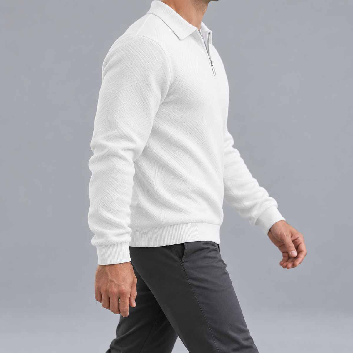 Leo zip sweater in white, side view on a model