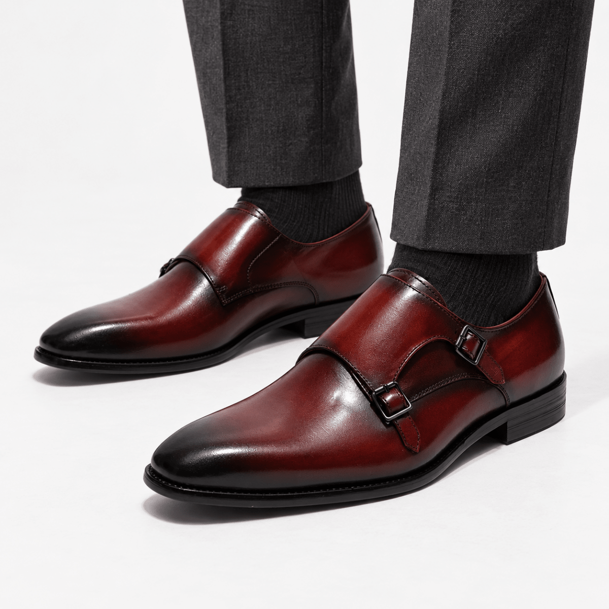 Leonardo monk-strap leather shoes - AntoniosClothing - Burgundy