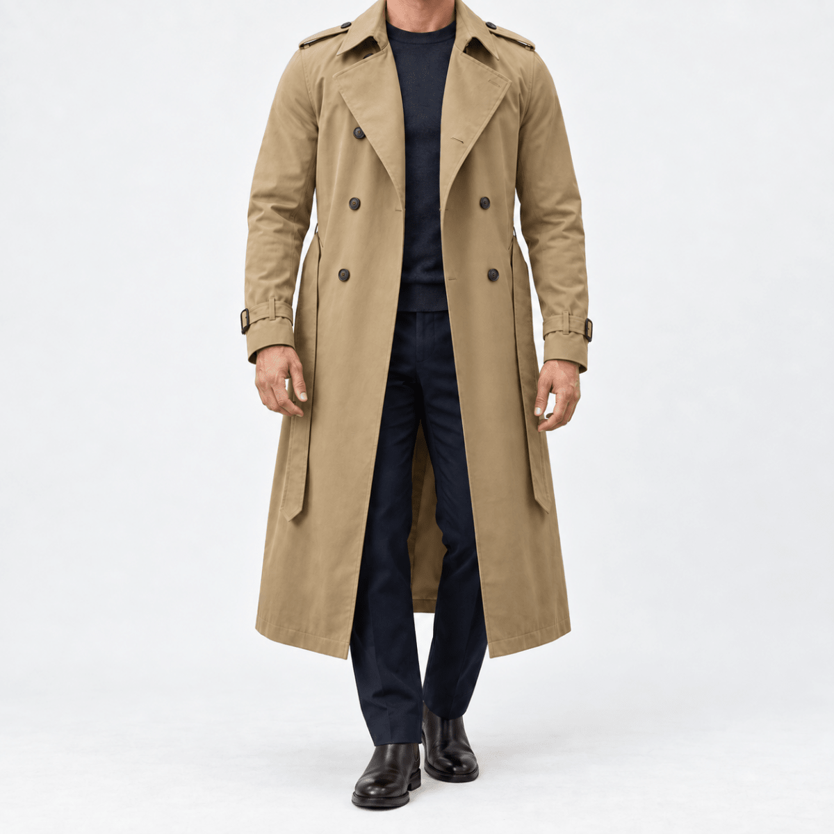 Long double breasted trench coat with a belt - AntoniosClothing - Khaki