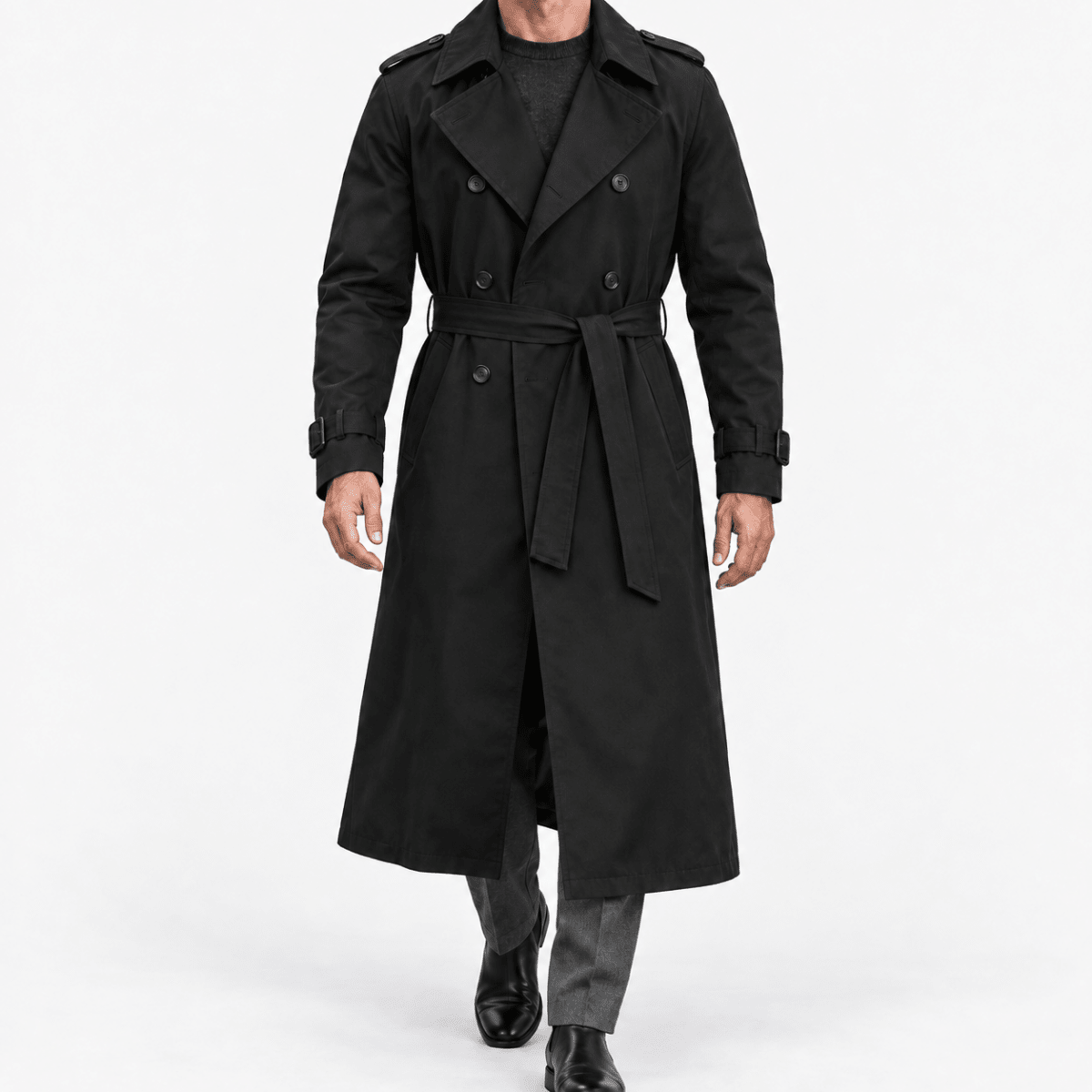 Long double breasted trench coat with a belt - AntoniosClothing - Black