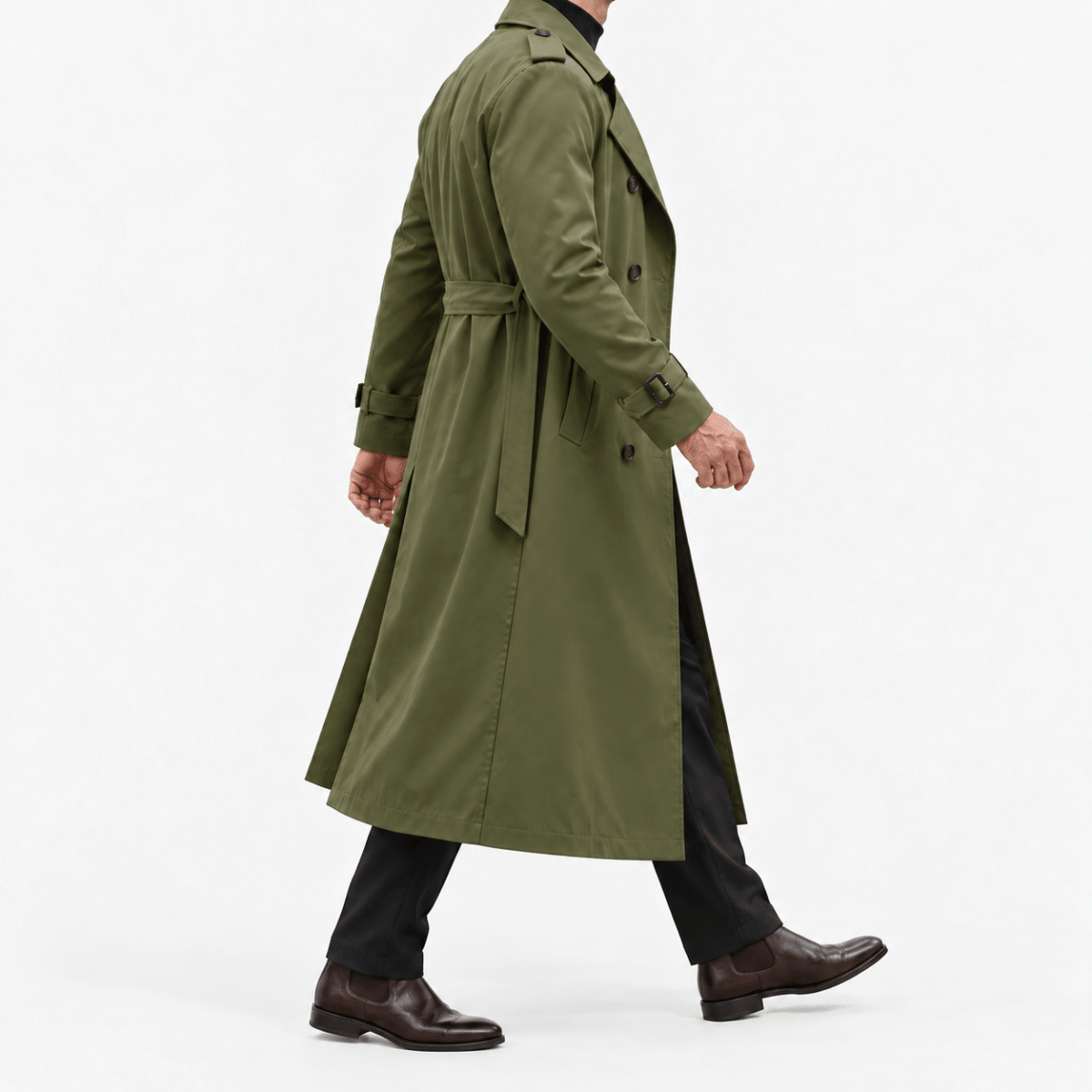 Long double breasted trench coat with a belt - AntoniosClothing - Olive green