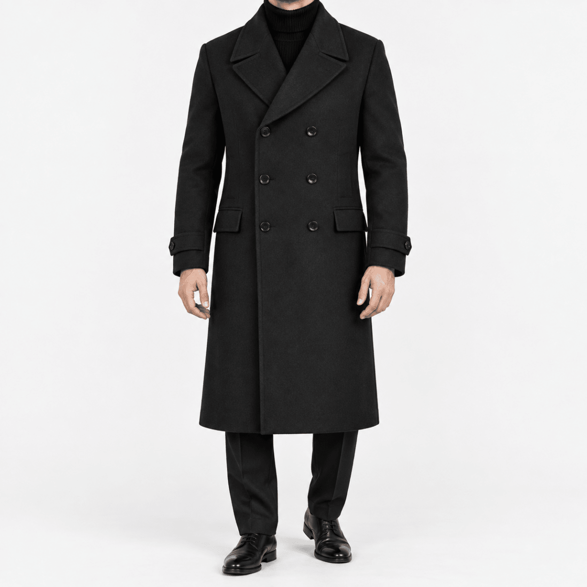 Long double breasted wool blend coat with cuff tabs - AntoniosClothing - Black