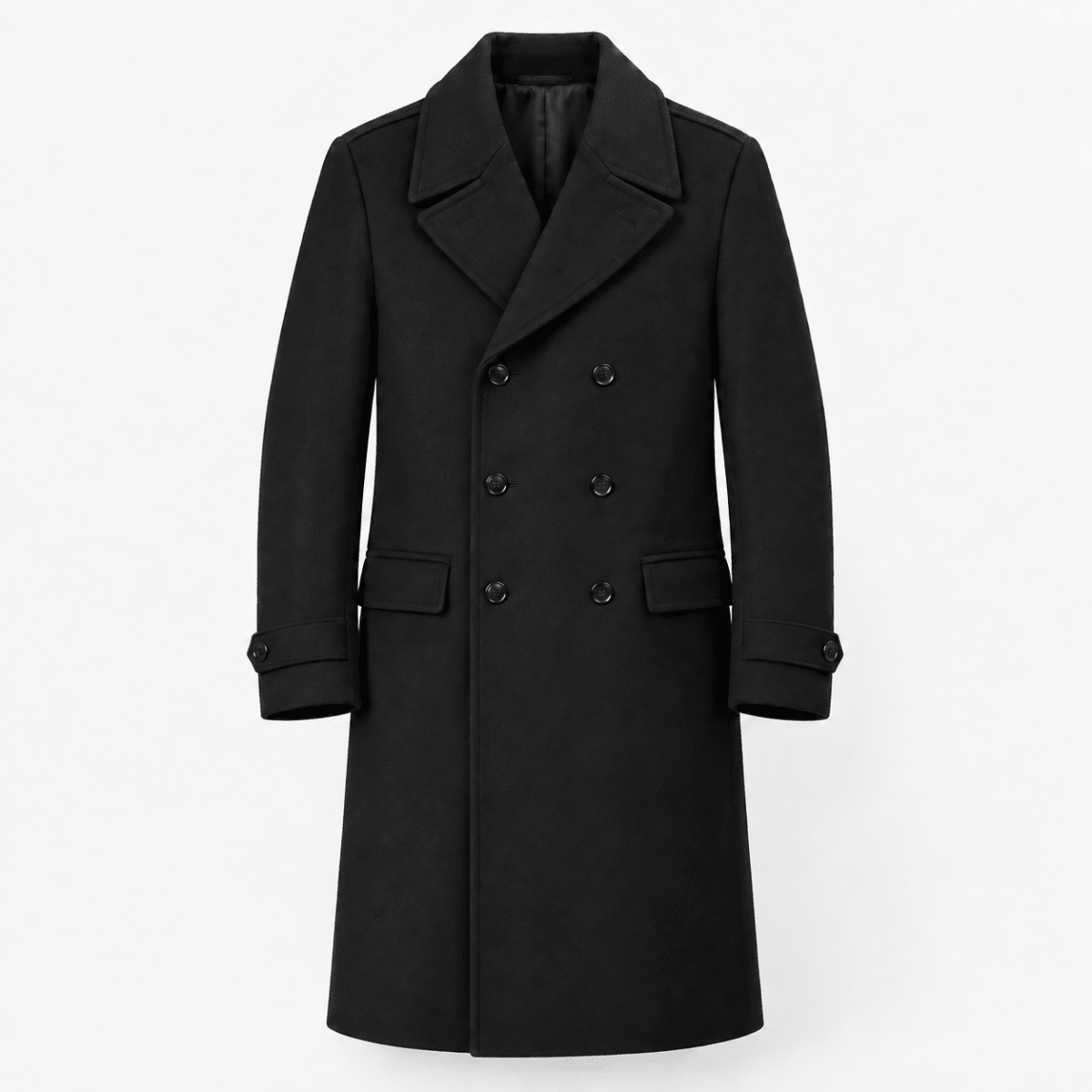Long double breasted wool blend coat with cuff tabs - AntoniosClothing - Black