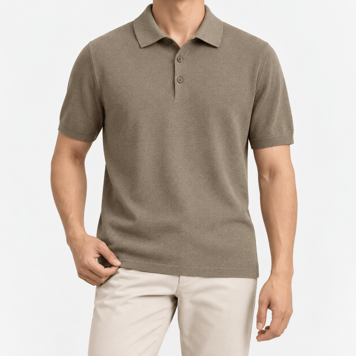 Lyocell silk polo with a fine textured knit - AntoniosClothing - Taupe