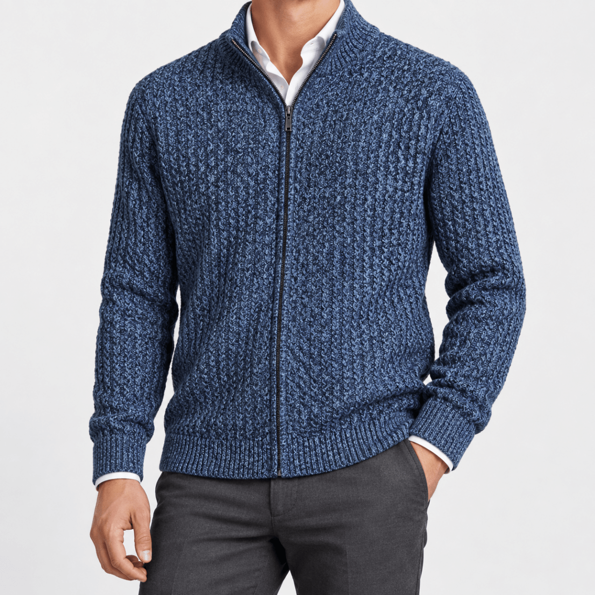 Men's merino wool zip-collar cardigan - AntoniosClothing - Blue