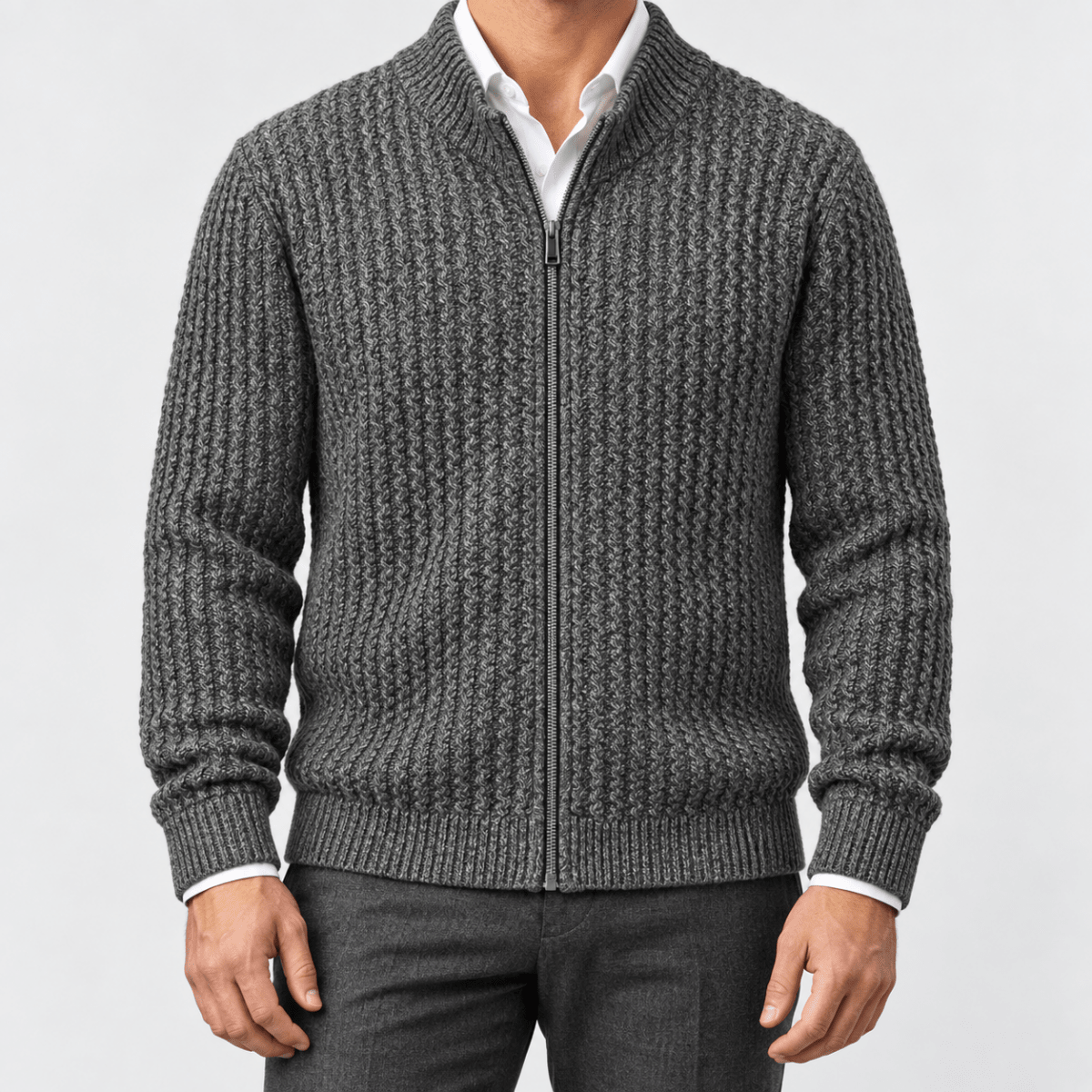 Men's merino wool zip-collar cardigan - AntoniosClothing - Dark grey