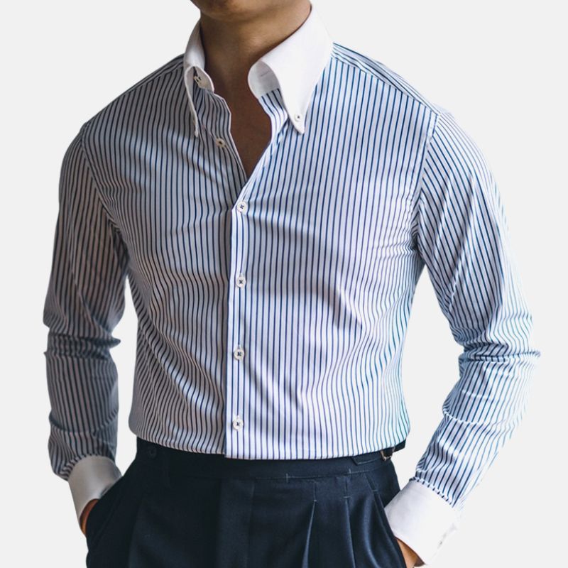 Masculina Casual Striped Shirt for men featuring a classic formal design, made from a polyester and spandex blend.