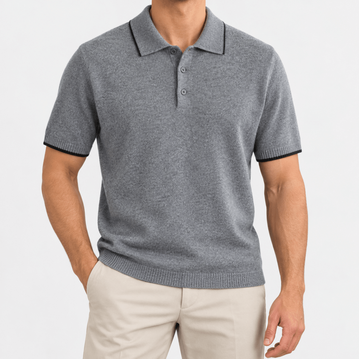 Merino wool polo with contrast trim - AntoniosClothing - Gray
