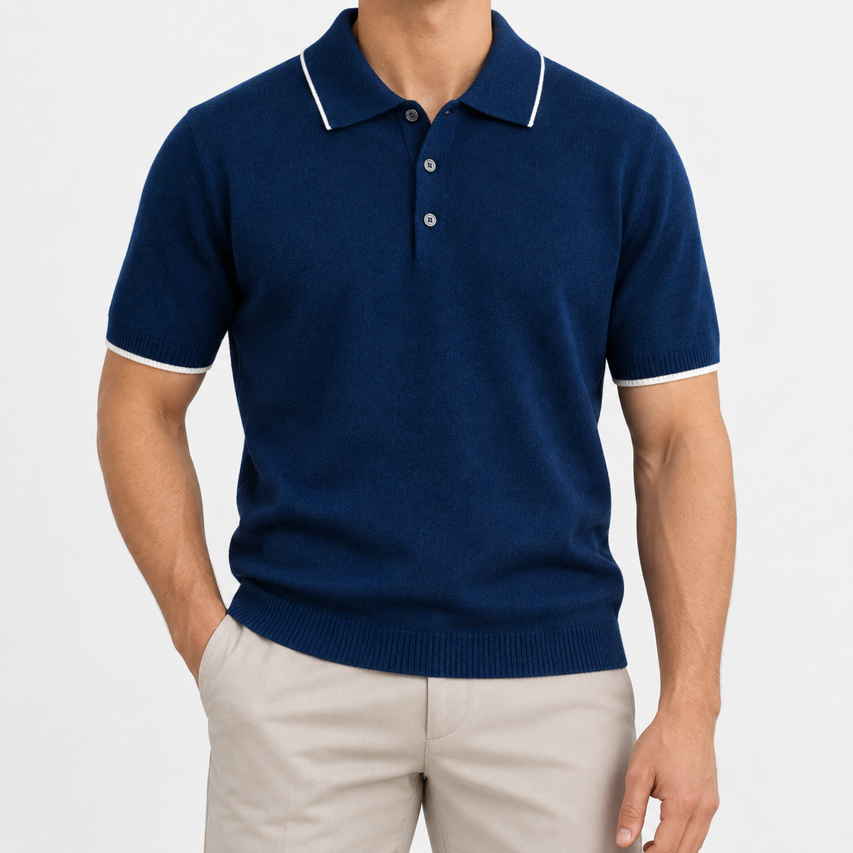 Merino wool polo with contrast trim in navy, front view on a model