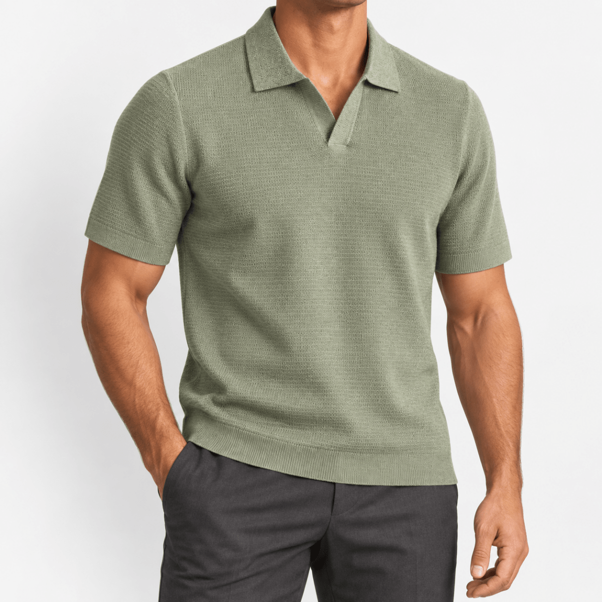 Open collar fine knit polo - AntoniosClothing - Sage Green