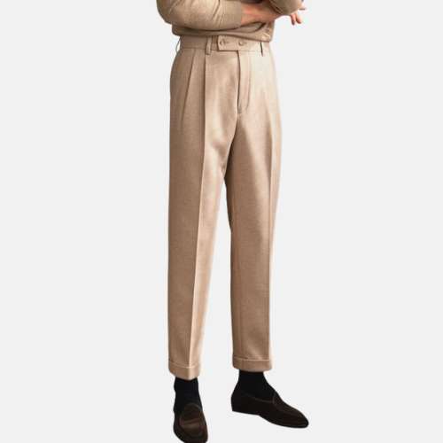 Italy High Waist Trousers in beige with classic tailored fit and subtle taper.
