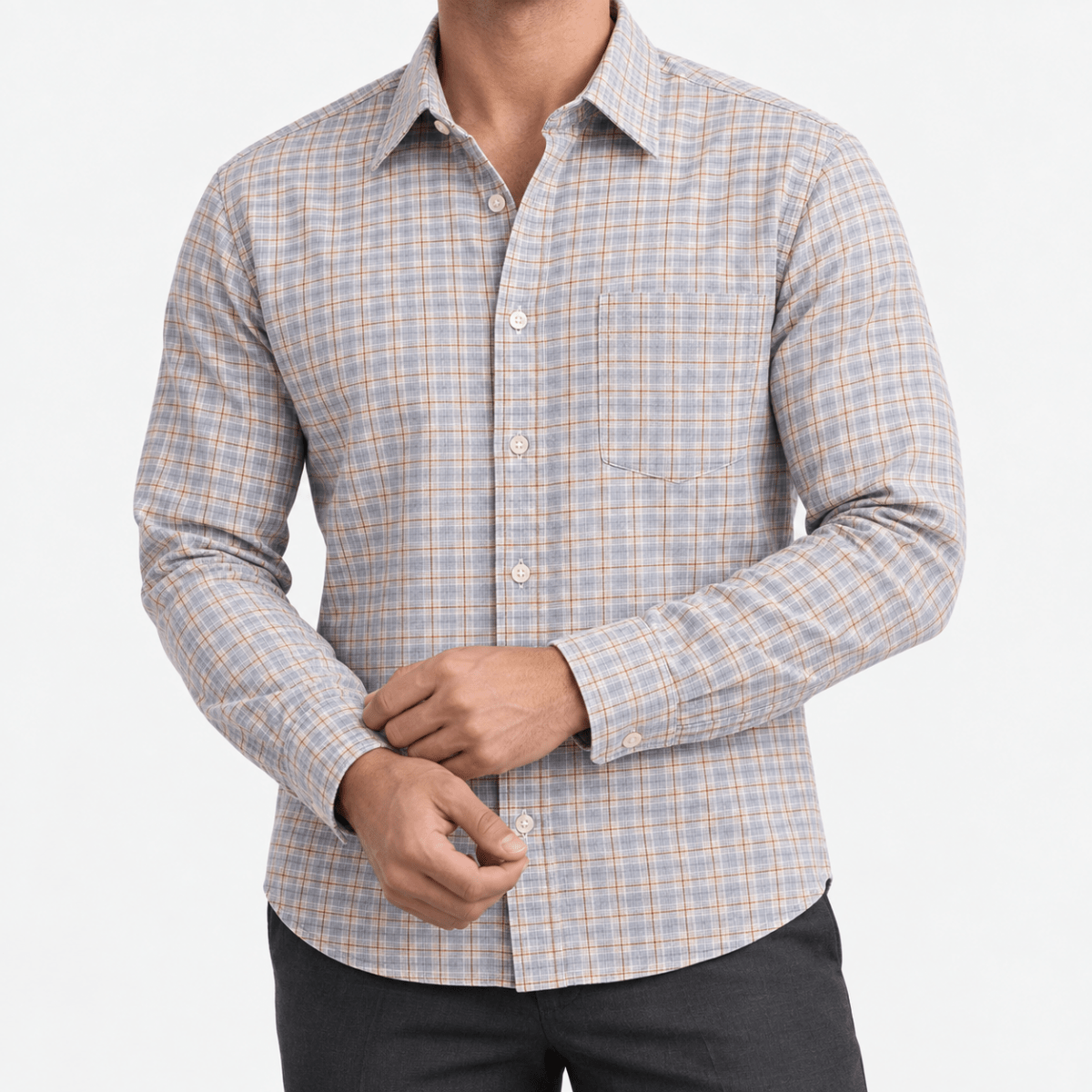 Pure cotton oxford shirt with a chest pocket - AntoniosClothing - Light gray and tan check