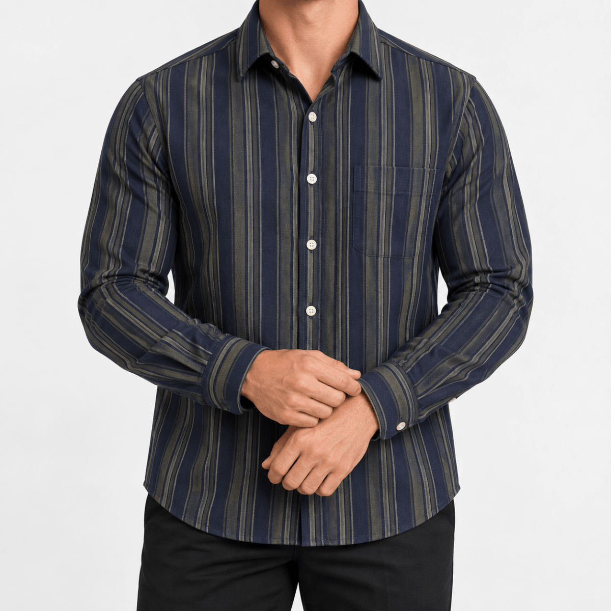 Pure cotton oxford shirt with a chest pocket - AntoniosClothing - Navy and olive stripe