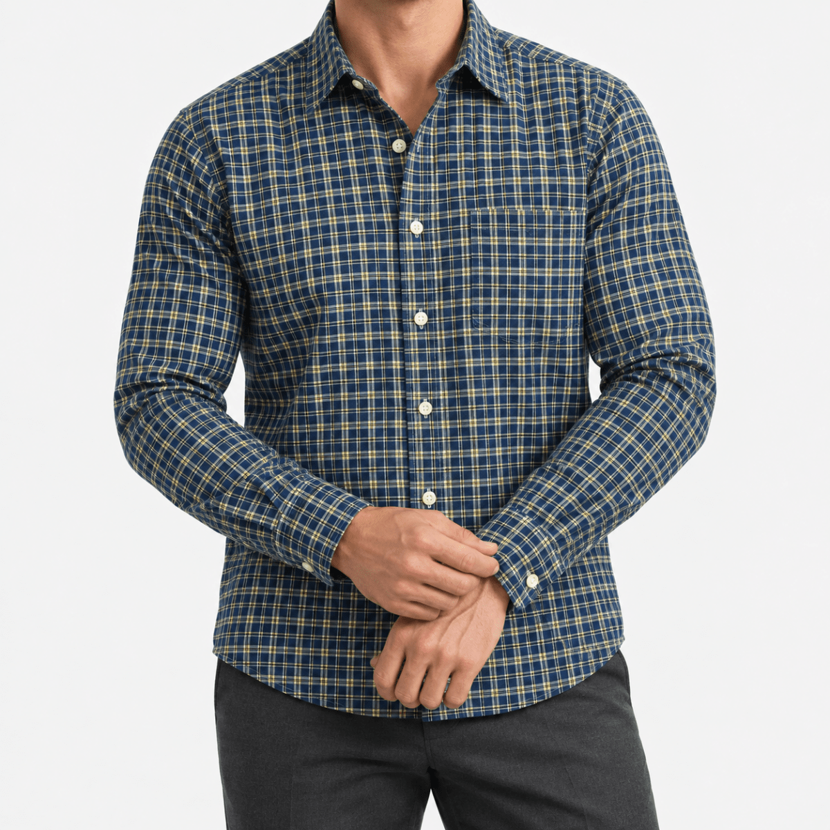 Pure cotton oxford shirt with a chest pocket - AntoniosClothing - Navy fine check