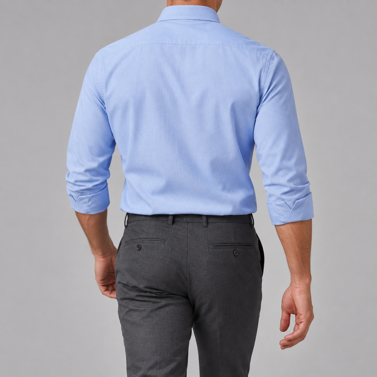 Ramon button-down shirt in baby blue, back view on a model