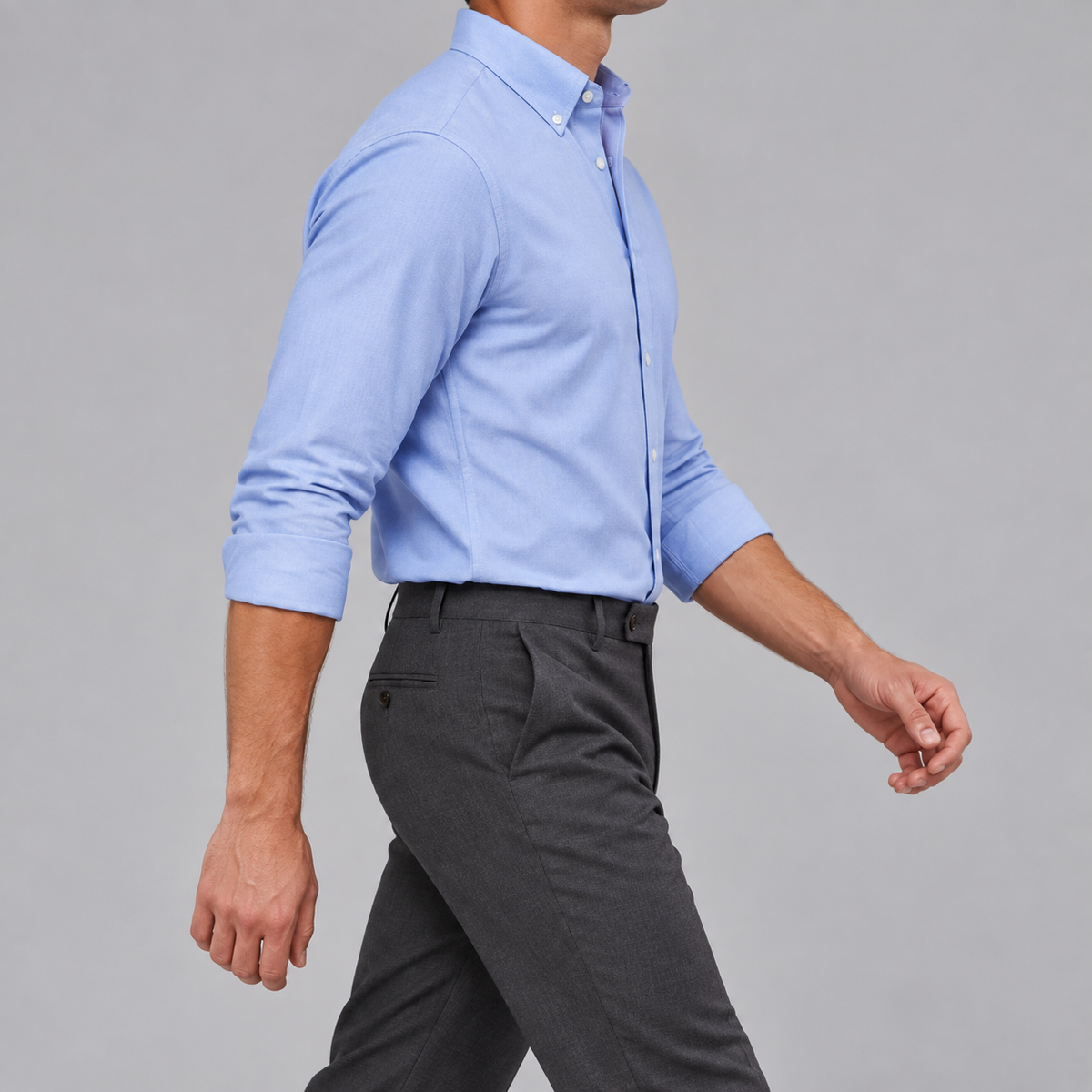 Ramon button-down shirt in baby blue, side view on a model