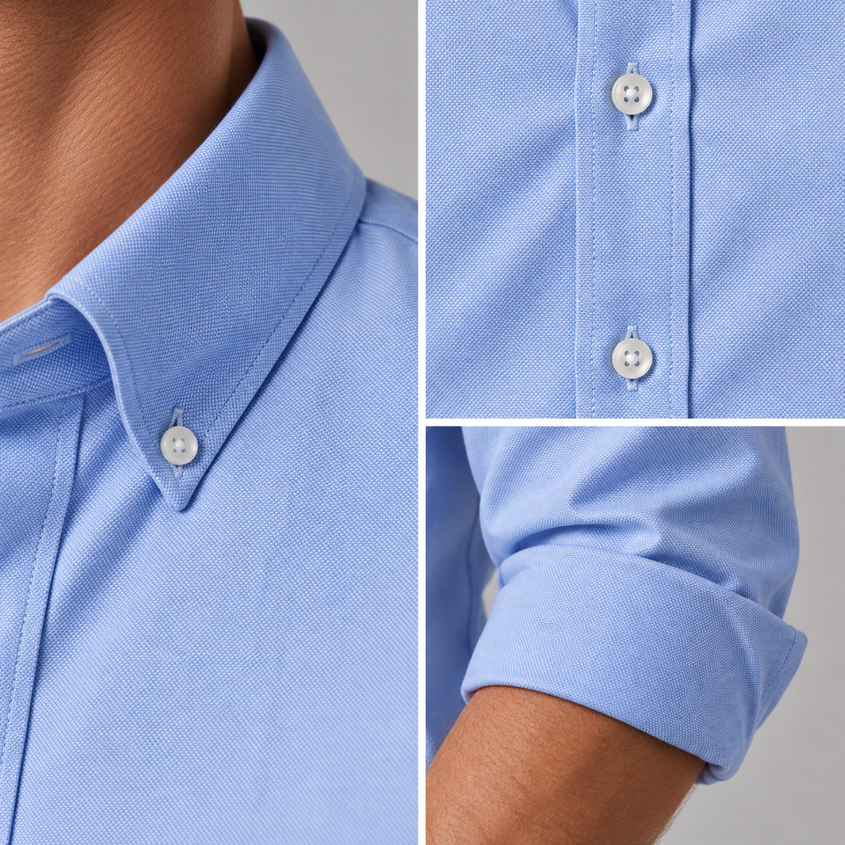 Ramon button-down shirt in baby blue, collar, button placket and sleeve details