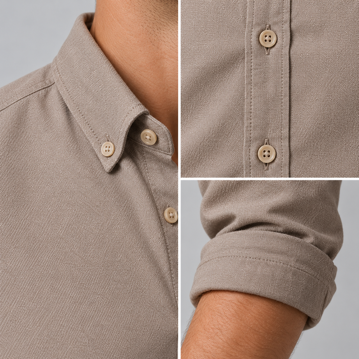 Ramon button-down shirt in beige, collar, button placket and sleeve details