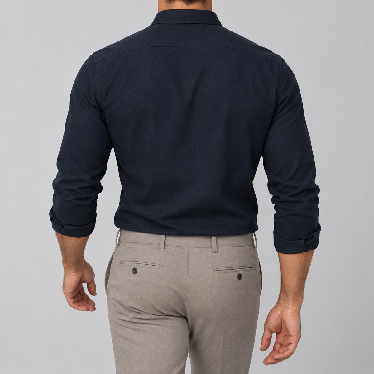 Ramon button-down shirt in black, back view on a model