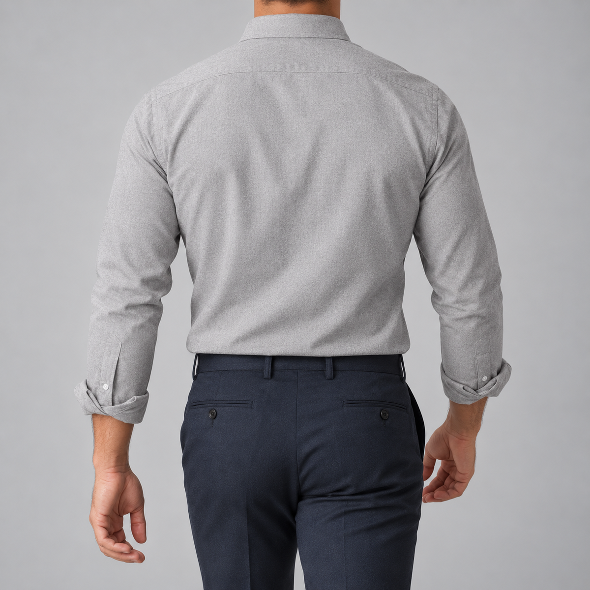 Ramon button-down shirt in gray, back view on a model