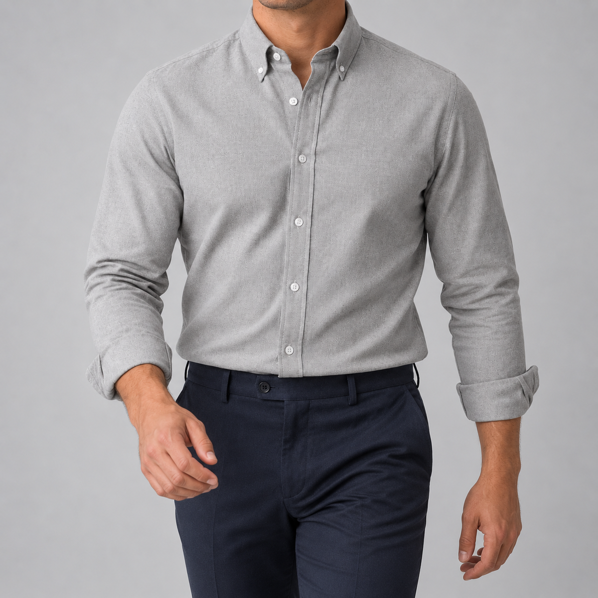 Ramon button-down shirt in gray, front view on a model