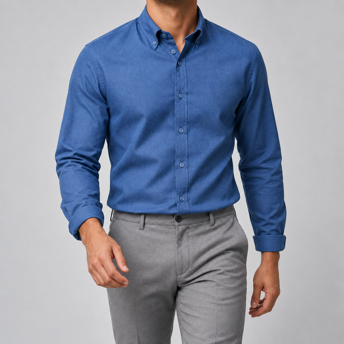 Ramon button-down shirt in navy blue, front view on a model