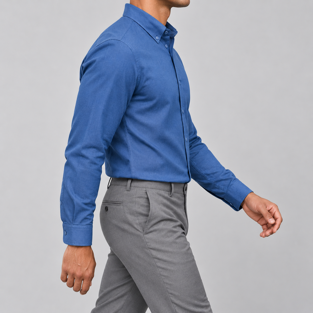 Ramon button-down shirt in navy blue, side view on a model