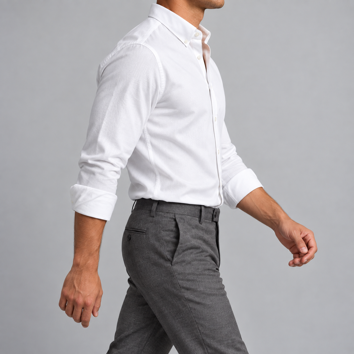 Ramon button-down shirt in white, side view on a model