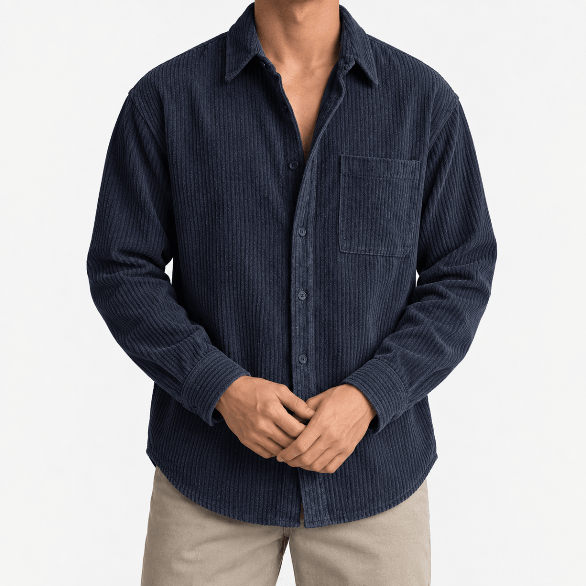 Relaxed corduroy shirt with a curved hem - AntoniosClothing - Navy blue