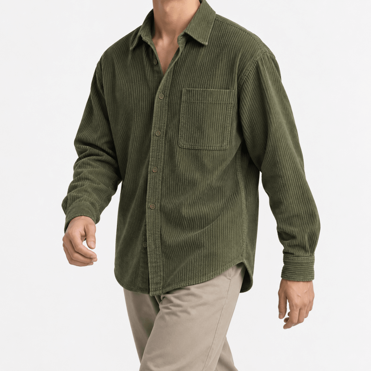 Relaxed corduroy shirt with a curved hem - AntoniosClothing - Olive green