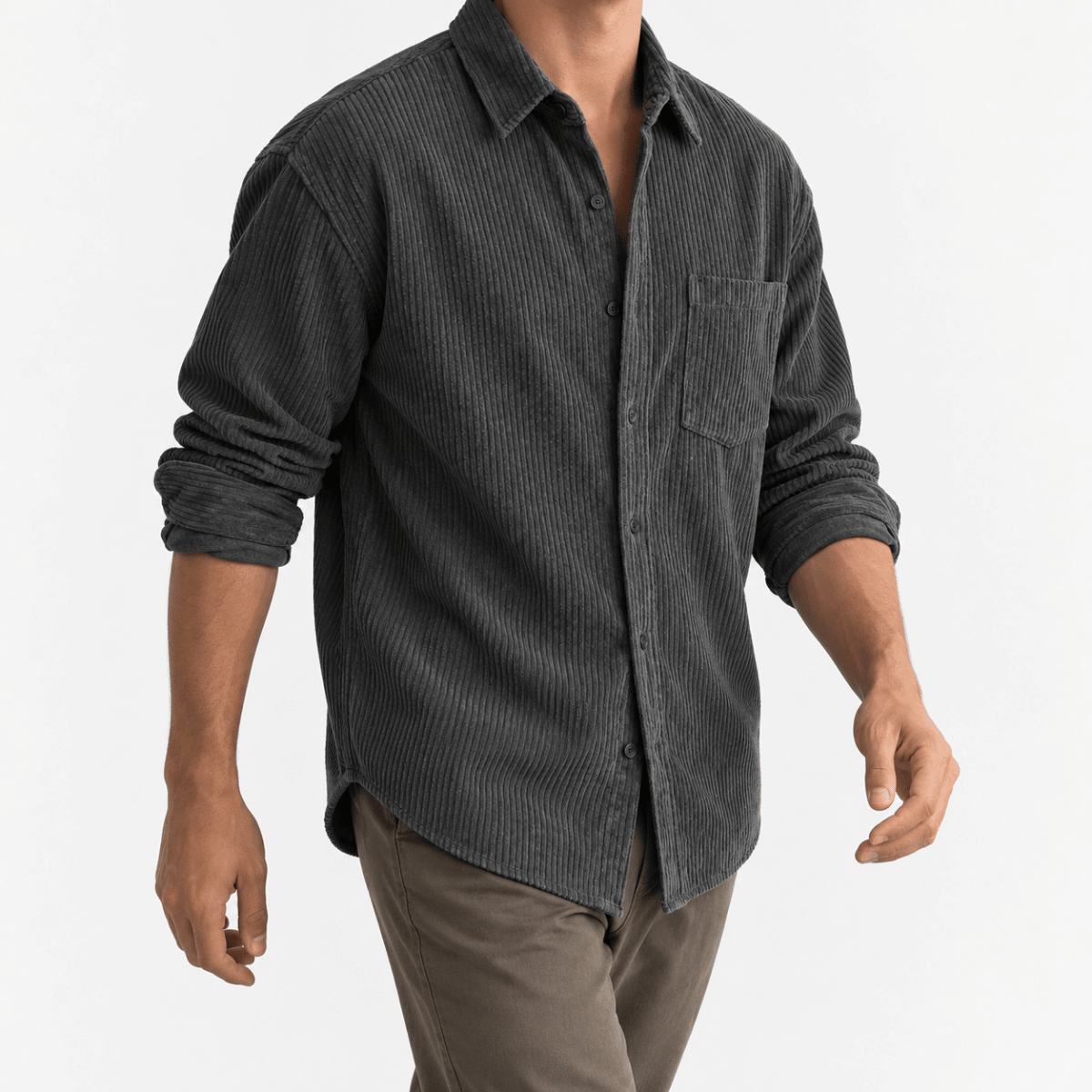 Relaxed corduroy shirt with a curved hem - AntoniosClothing - Charcoal