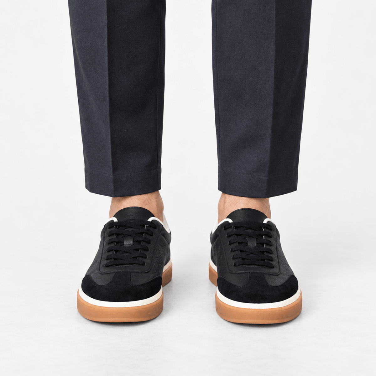 Retro leather sneakers with contrast soles - AntoniosClothing - Black gum sole