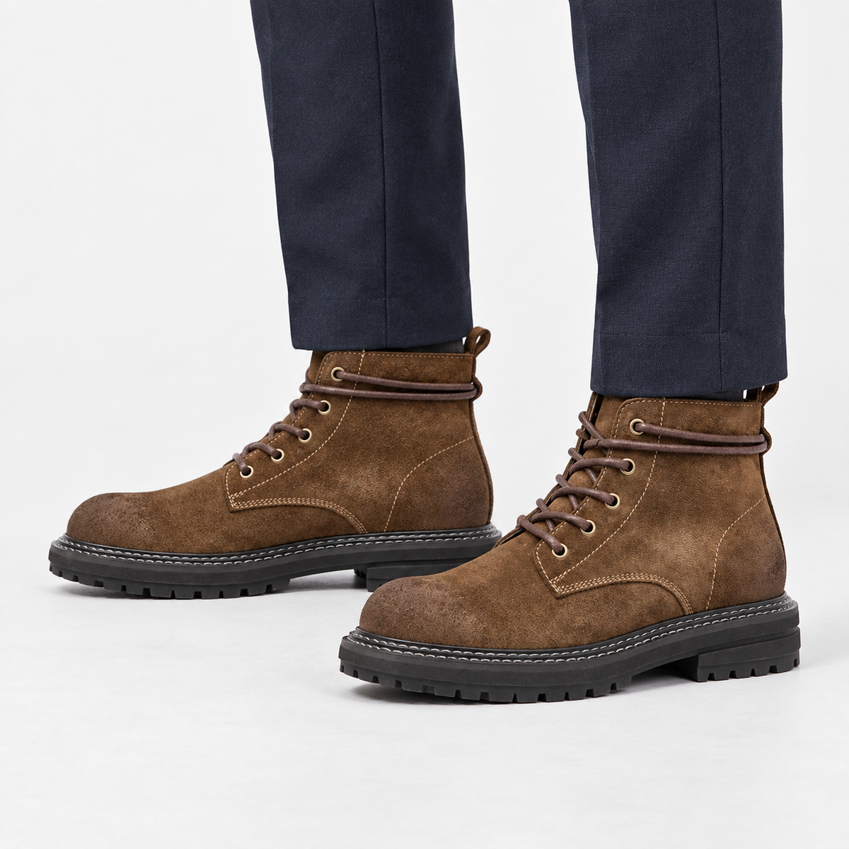 Rough suede lace up ankle boots in brown standard, side view on a model